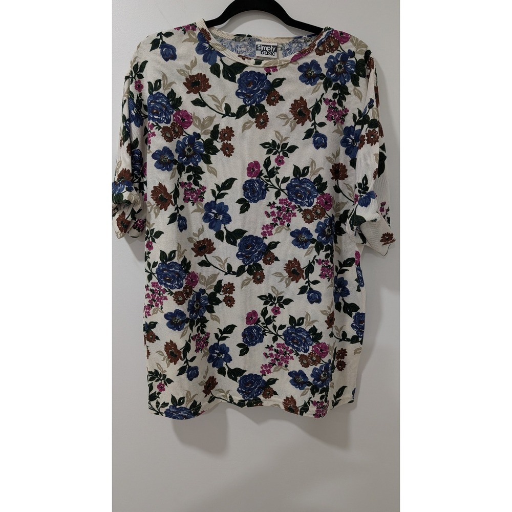 Vintage Simply Basic Floral Waffle Knit Top Cream Blue Short Sleeve Small y2k